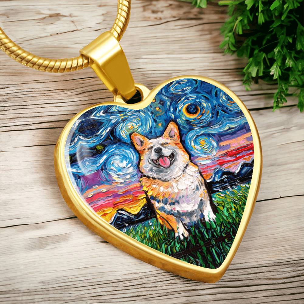 Smiling Corgi Starry Night Heart Necklace