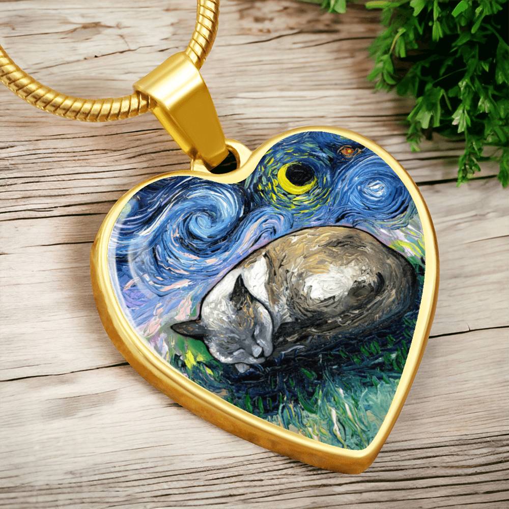 Sleeping Siamese Cat Starry Night Heart Necklace