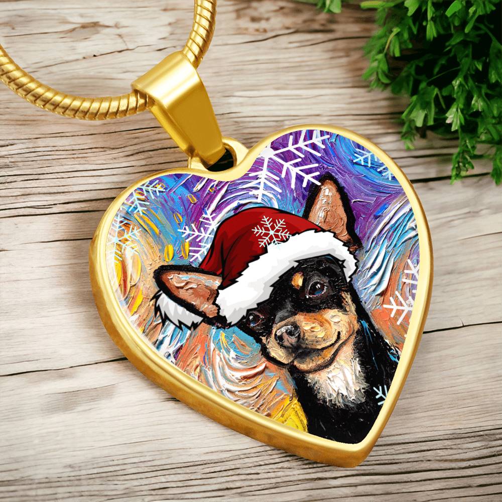 Santa Black and Tan Chihuahua Heart Necklace