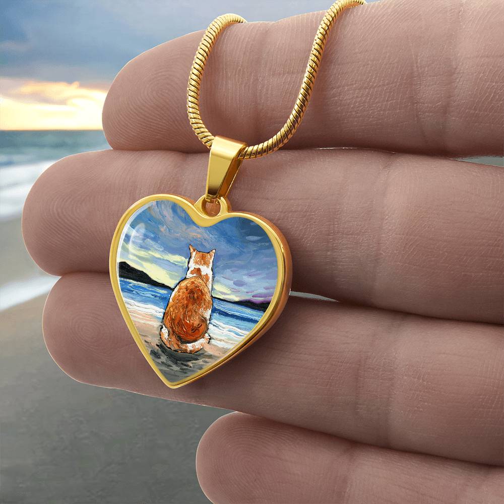 Beach Days - Orange and White Tabby Heart Necklace