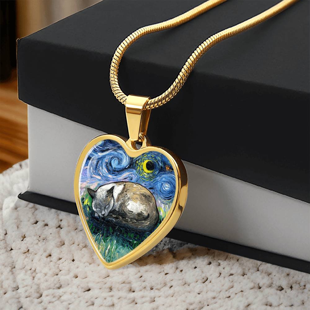 Sleeping Siamese Cat Starry Night Heart Necklace