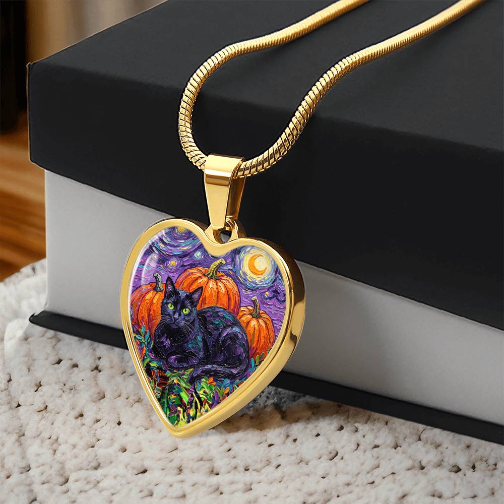 Harvest Moon Black Cat Heart Necklace