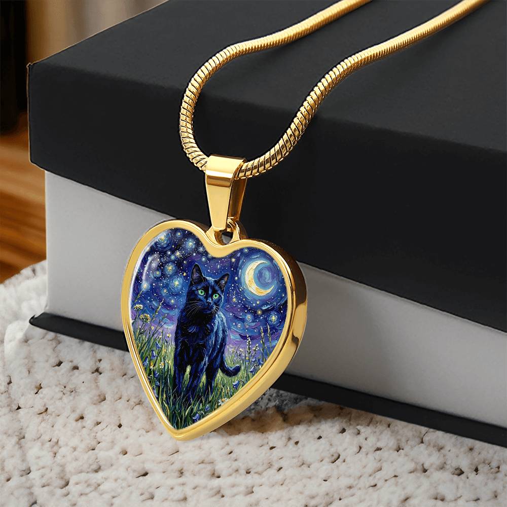 Amongst The Flowers - Black Cat Heart Necklace