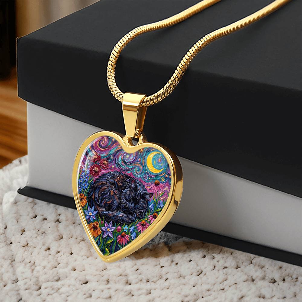 Amongst The Flowers - Sleepy Black Cat Heart Necklace