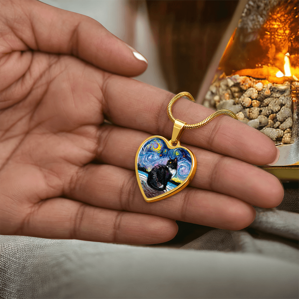 Tuxedo Cat with Yellow Eyes Starry Night Heart Necklace