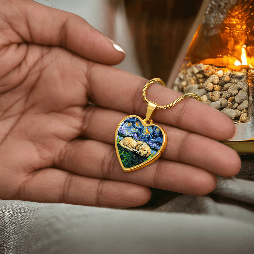 Sleeping Yellow Labrador Starry Night Heart Necklace