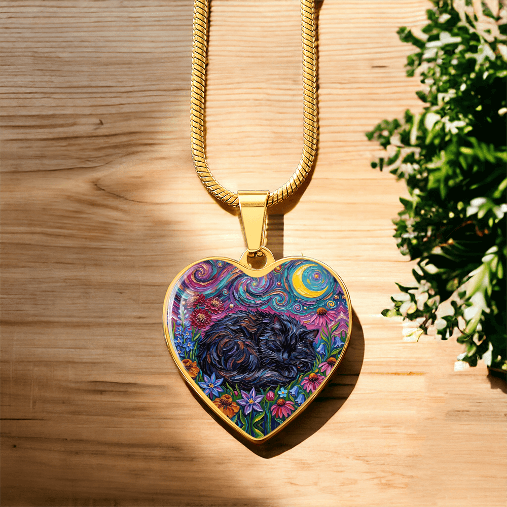 Amongst The Flowers - Sleepy Black Cat Heart Necklace