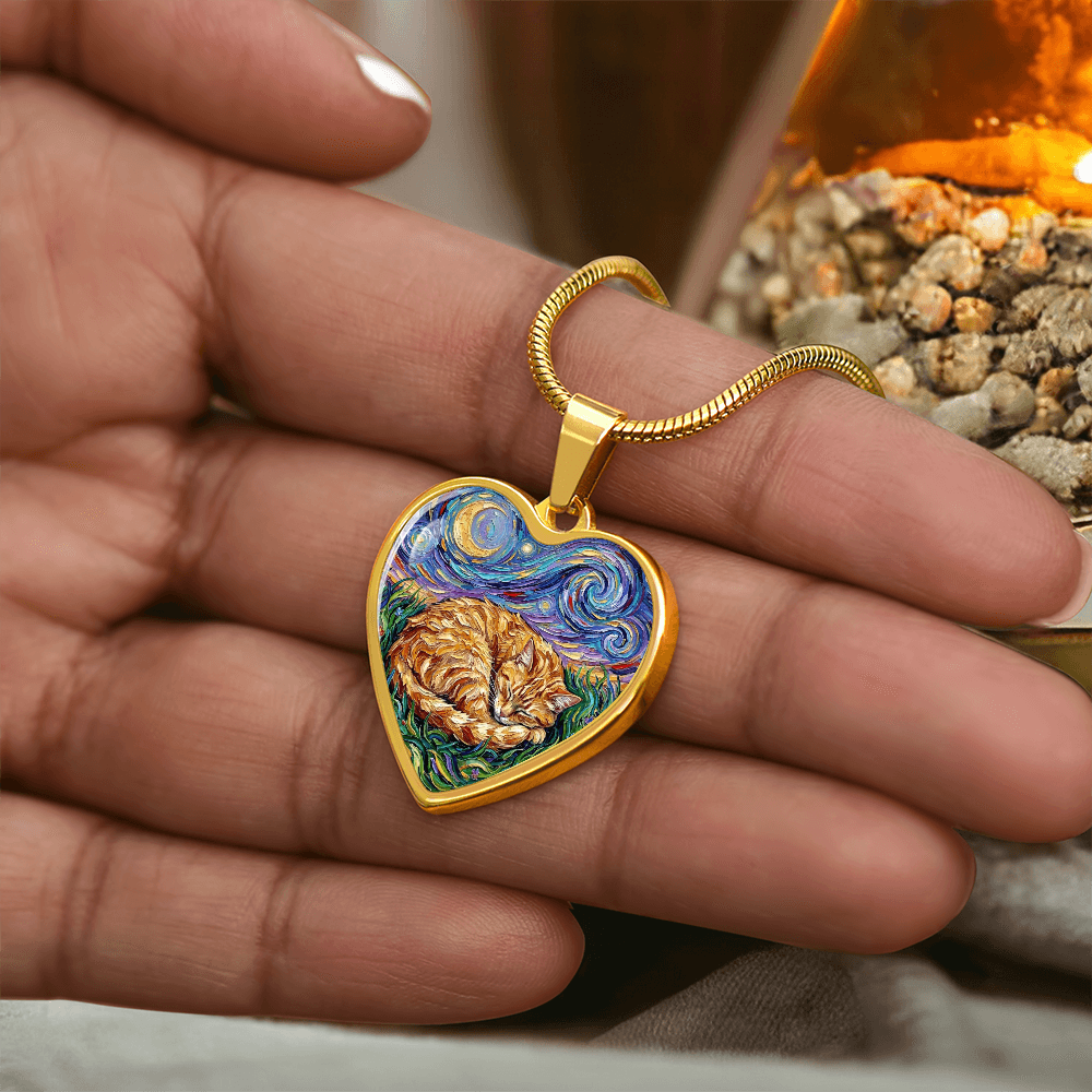Sleepy Orange Tabby Night Heart Necklace