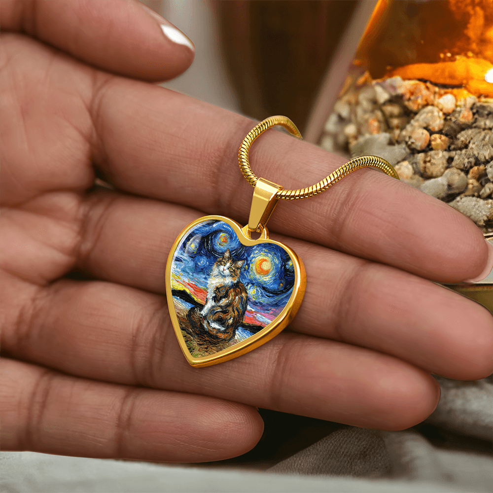 Calico Cat 2 Starry Night Heart Necklace
