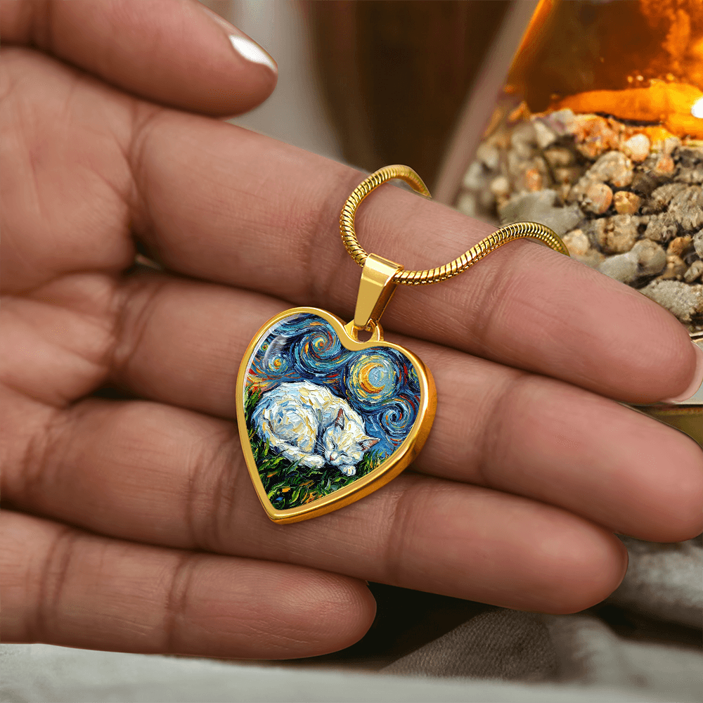 Sleepy White Cat Night Heart Necklace