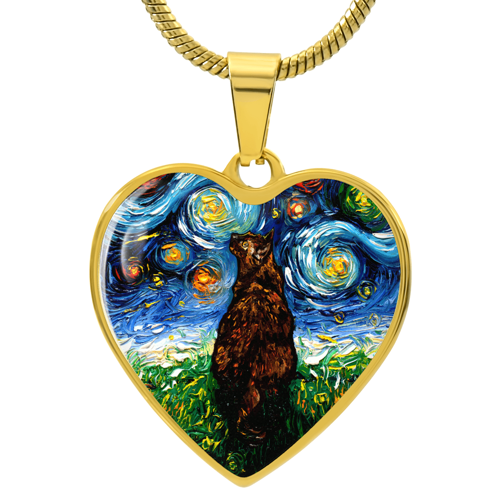 Tortoiseshell Cat Starry Night Heart Necklace