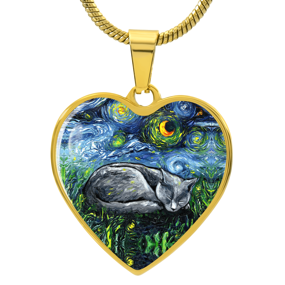 SleepingRussian Blue Cat Starry Night Heart Necklace