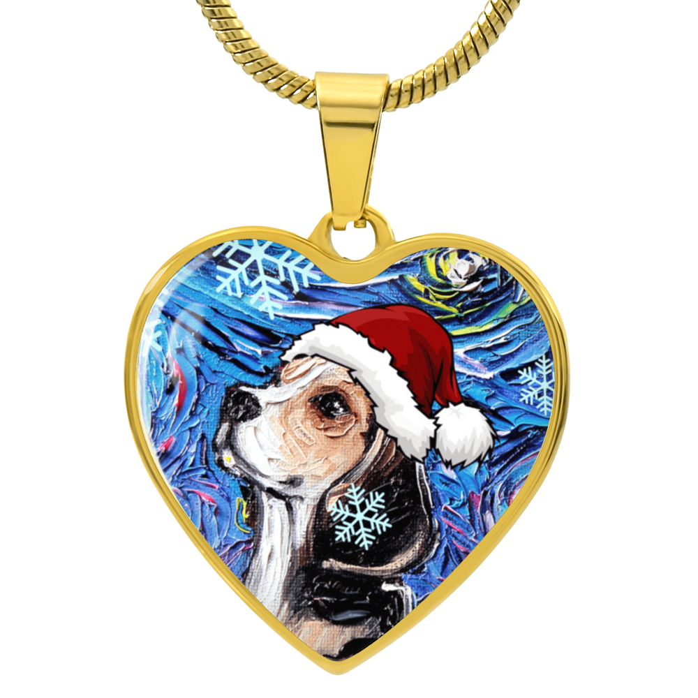 Beagle in Santa Hat Starry Night Heart Necklace