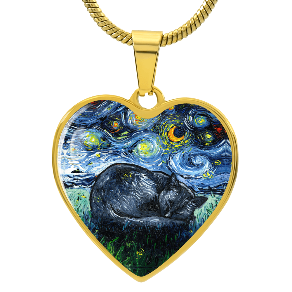 Sleeping Black Cat Starry Night Heart Necklace