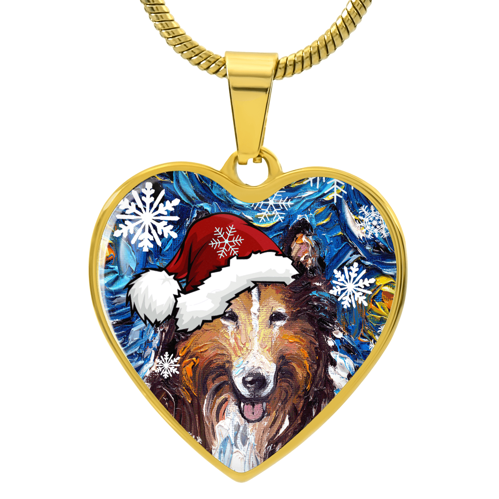 Collie In Santa Hat Starry Night Heart Necklace