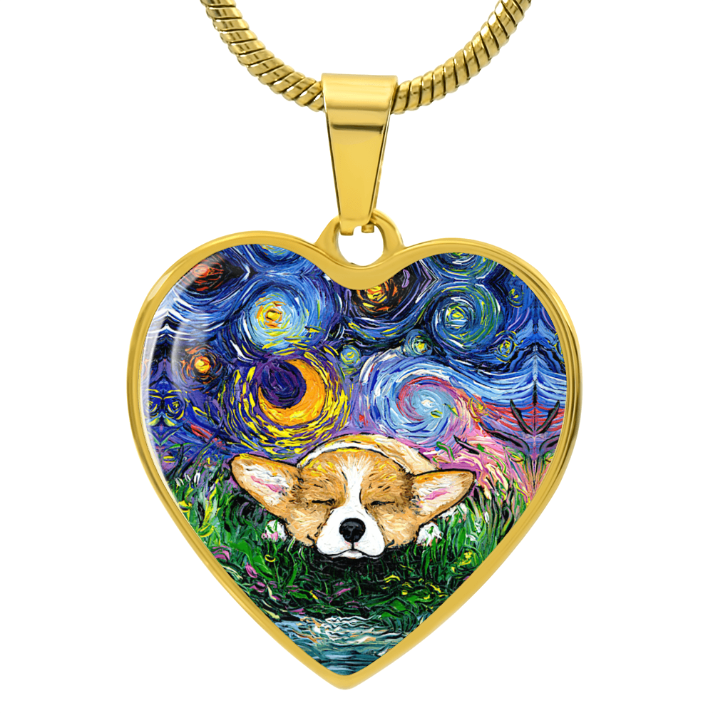 Sleeping Corgi Starry Night Heart Necklace