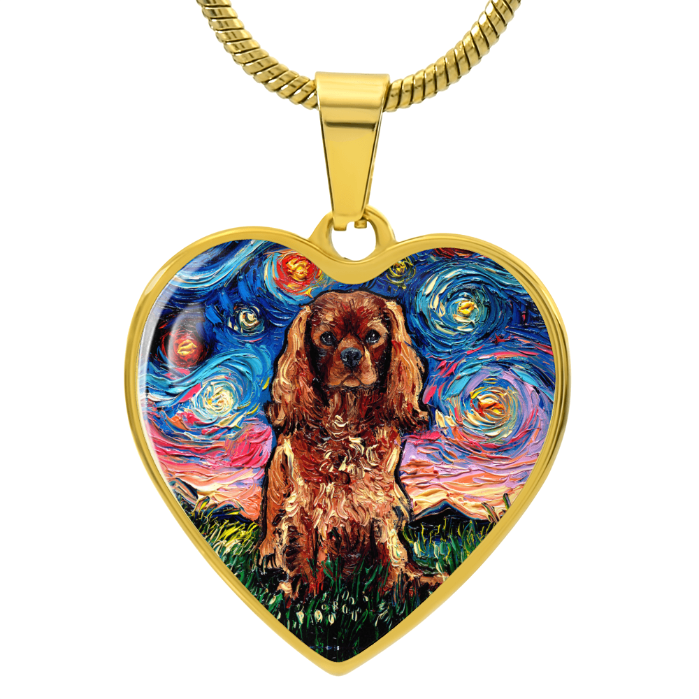 Ruby Cavalier King Charles Spaniel Starry Night Heart Necklace