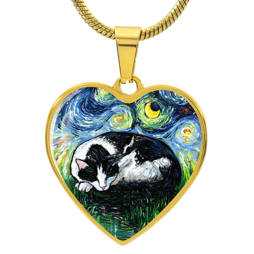 Sleeping Tuxedo Cat Starry Night Heart Necklace