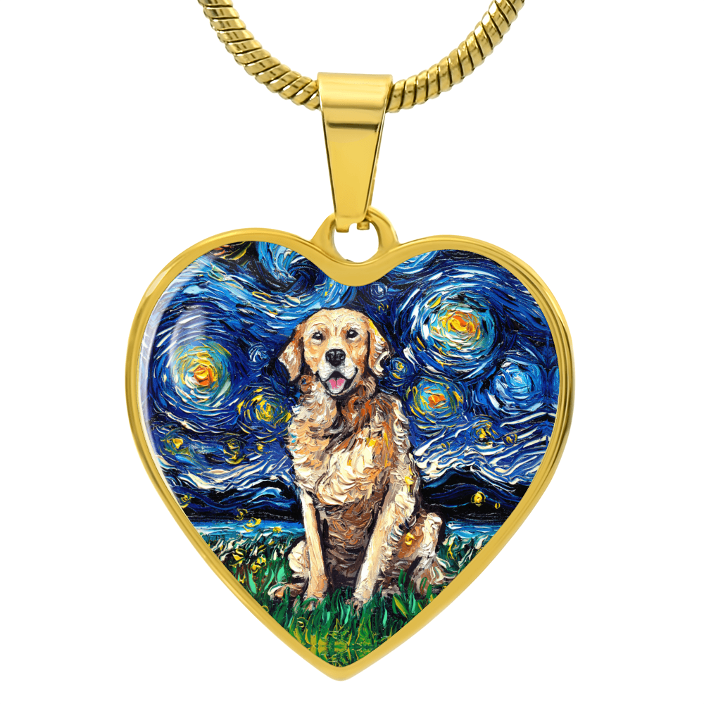 Golden Retriever Starry Night Heart Necklace