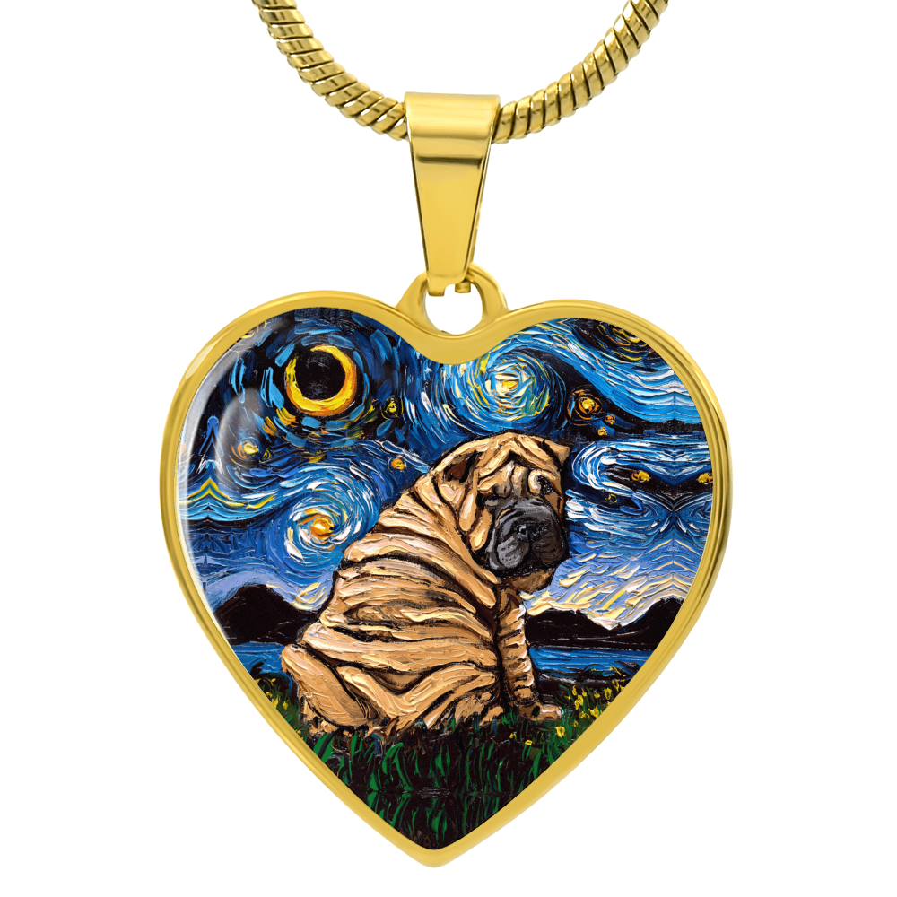 Brown Shar Pei Starry Night Heart Necklace