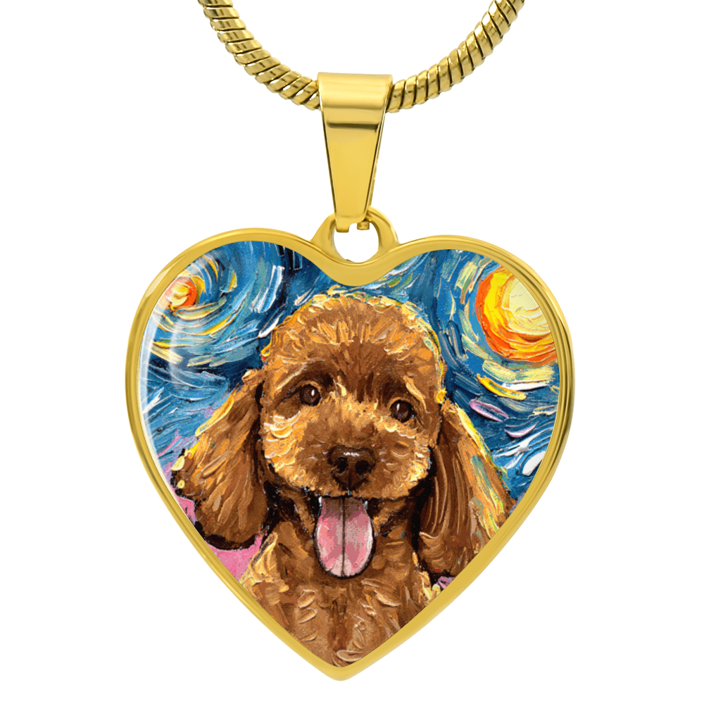 Apricot Poodle Portrait Starry Night Heart Necklace