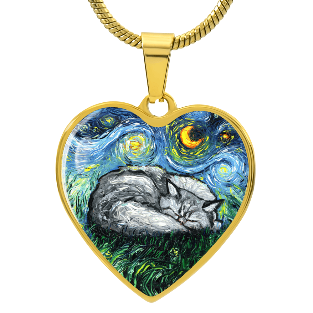 Sleeping Persian Cat Starry Night Heart Necklace