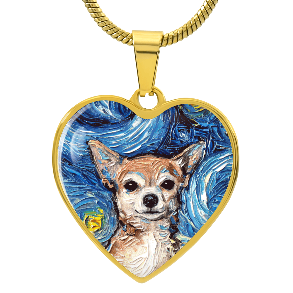 Chihuahua Portrait Starry Night Heart Necklace