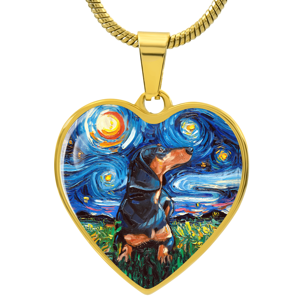 Black and Tan Dachshund Starry Night Heart Necklace