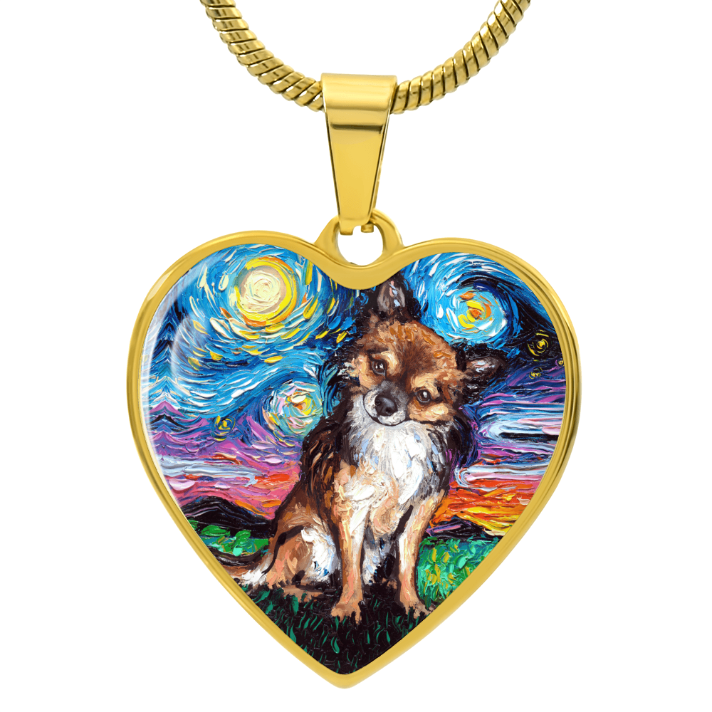 Long Hair Brown Chihuahua Starry Night Heart Necklace