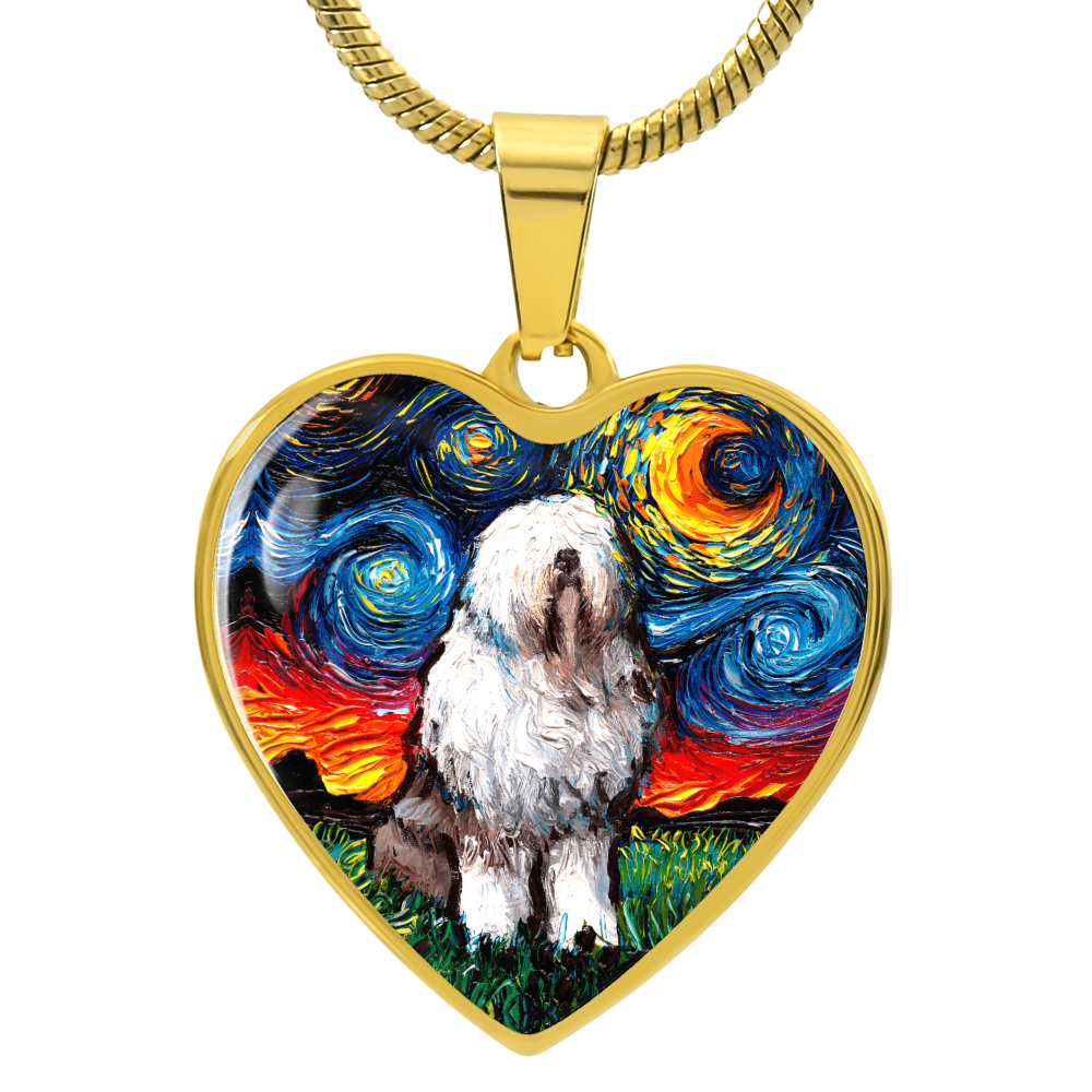 English Sheepdog Starry Night Heart Necklace