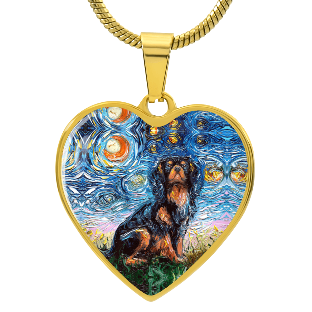 Black and Tan Cavalier Spaniel Starry Night Heart Necklace
