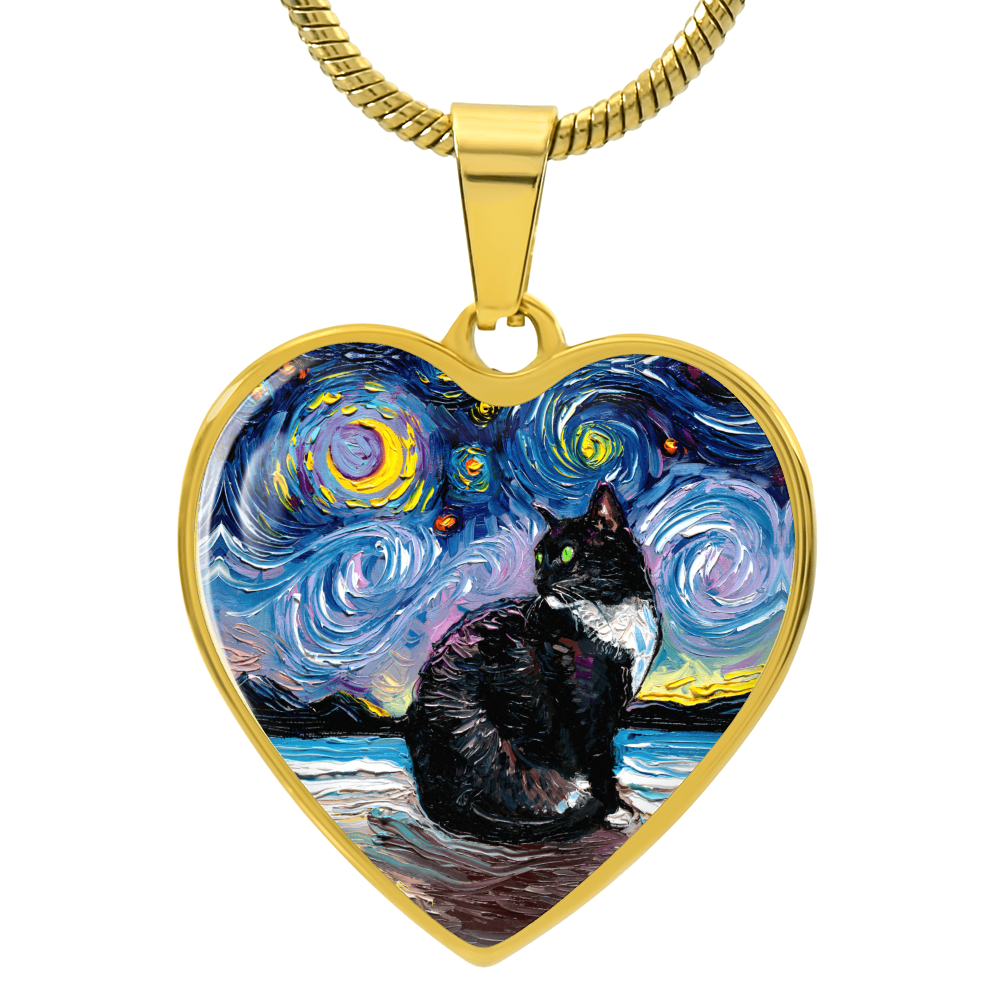 Tuxedo Cat with Green Eyes Starry Night Heart Necklace