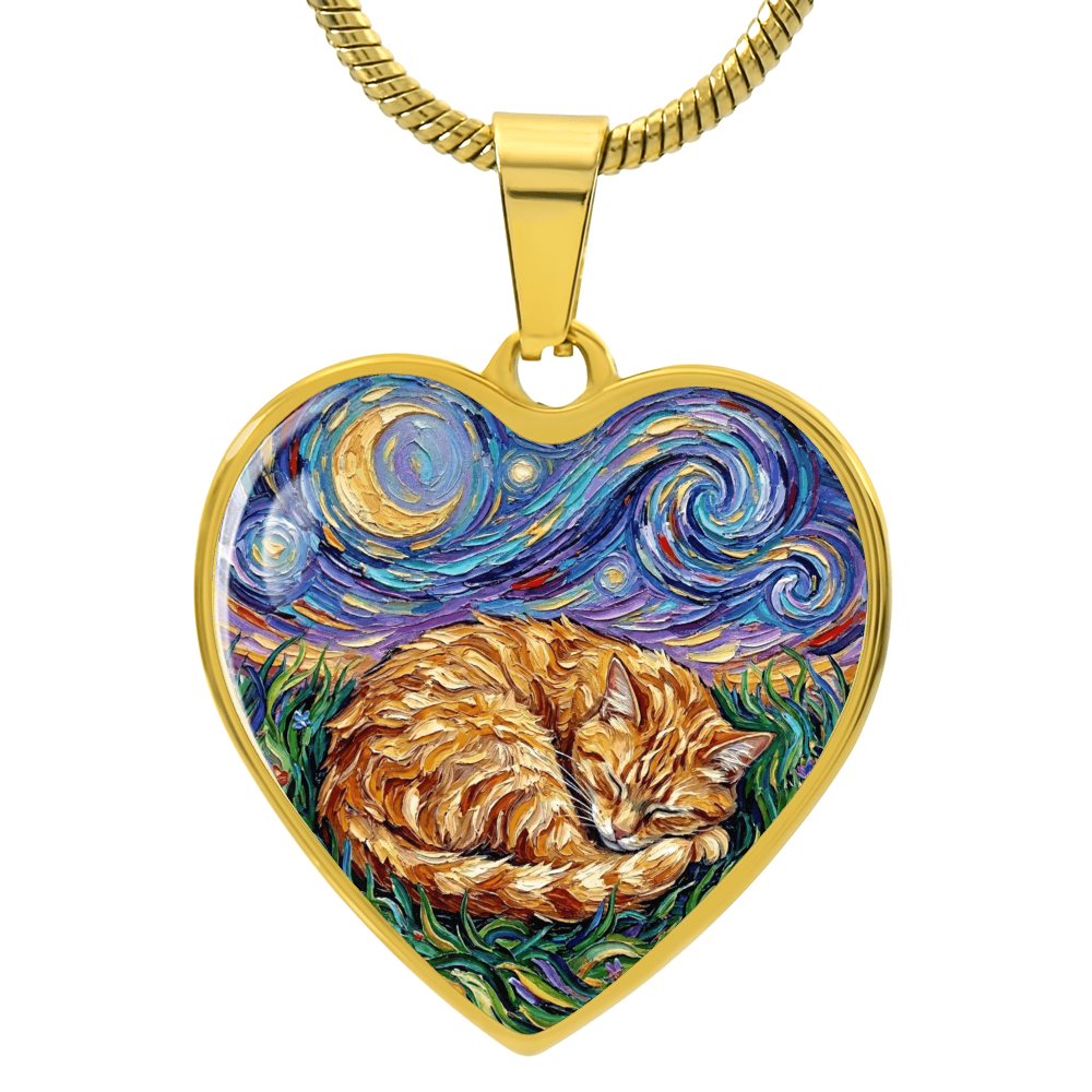 Sleepy Orange Tabby Night Heart Necklace