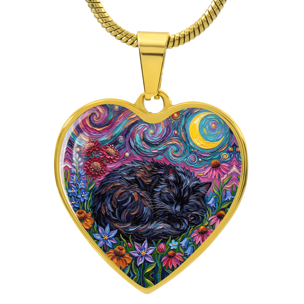 Amongst The Flowers - Sleepy Black Cat Heart Necklace