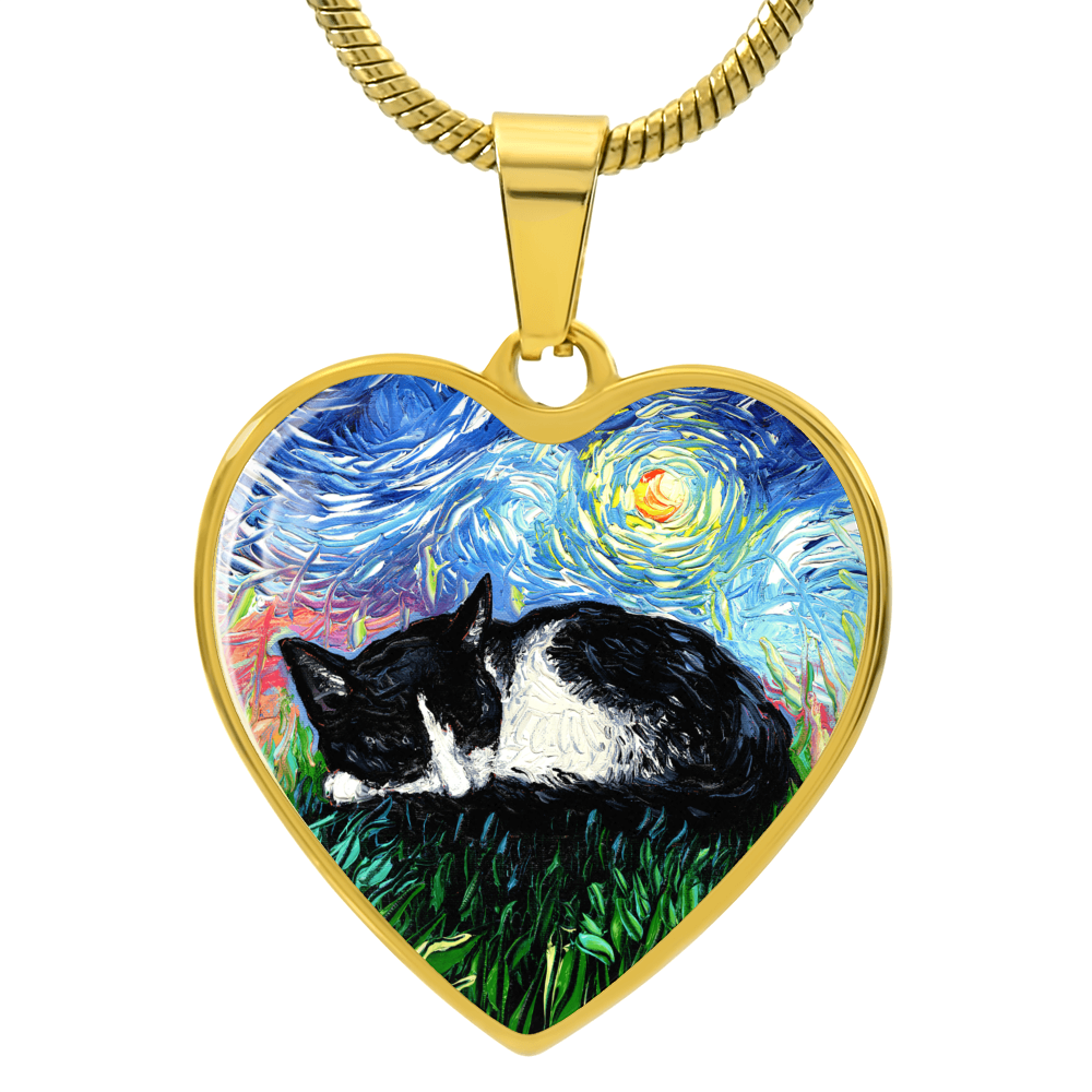 Sleepy Tuxedo Kitten Starry Night Heart Necklace