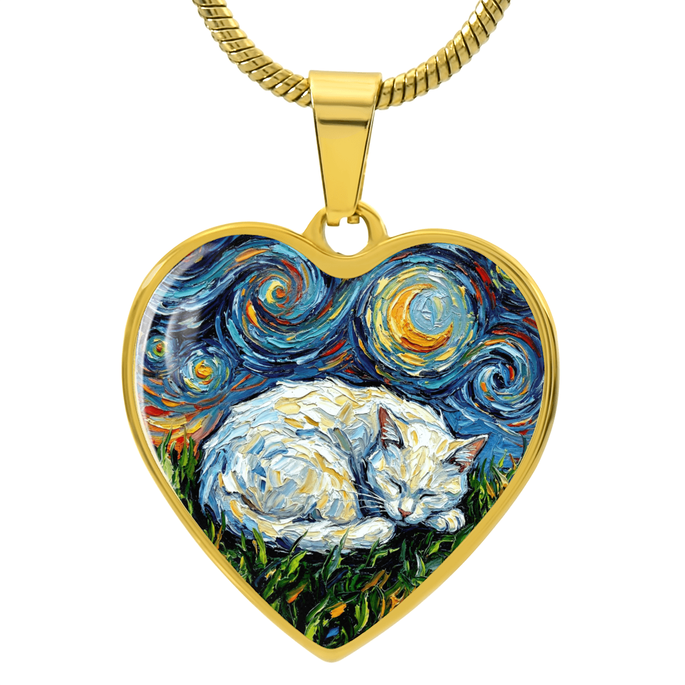Sleepy White Cat Night Heart Necklace