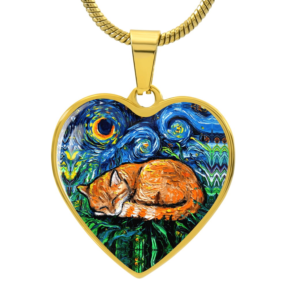 Sleepy Orange Tabby Cat Heart Necklace