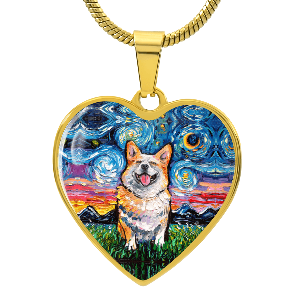 Smiling Corgi Starry Night Heart Necklace