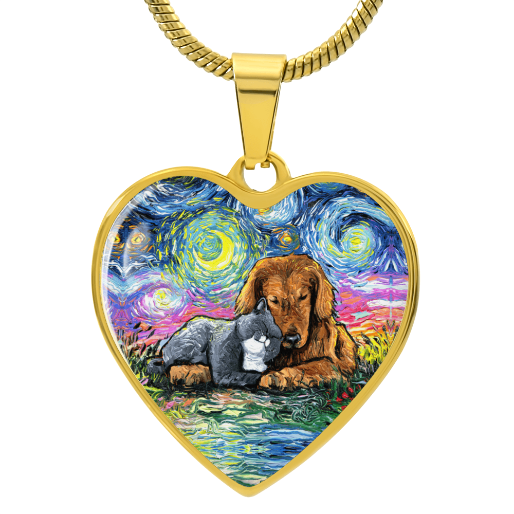 Best Friends Cat and Dog Starry Night Heart Necklace