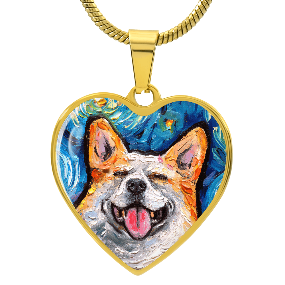 Smiling Corgi Portrait Starry Night Heart Necklace