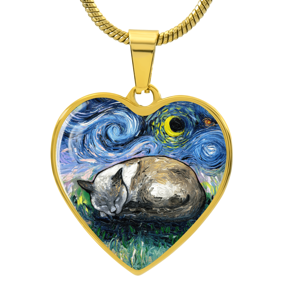Sleeping Siamese Cat Starry Night Heart Necklace