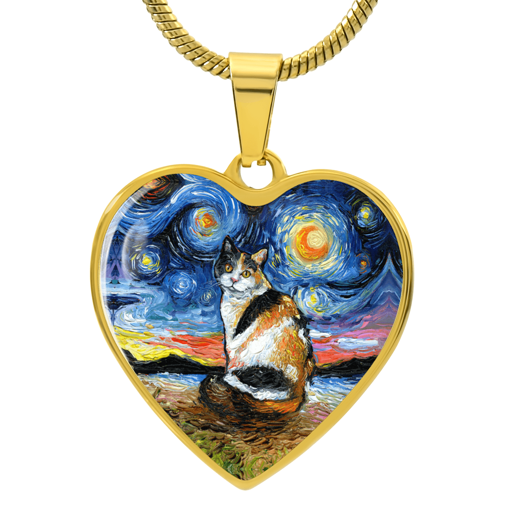 Calico Cat Starry Night Heart Necklace