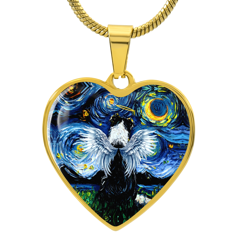 Angel Border Collie Starry Night Heart Necklace