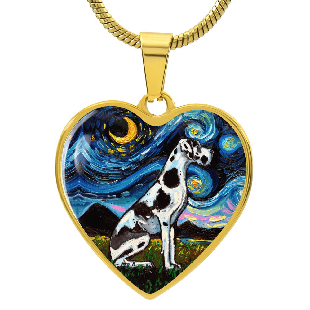 Harlequin Great Dane Starry Night Heart Necklace