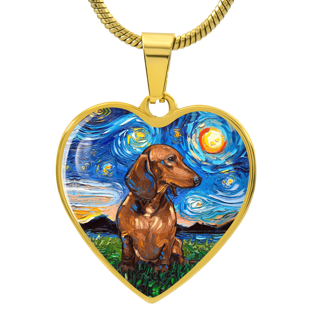 Brown Dachshund Starry Night Heart Necklace