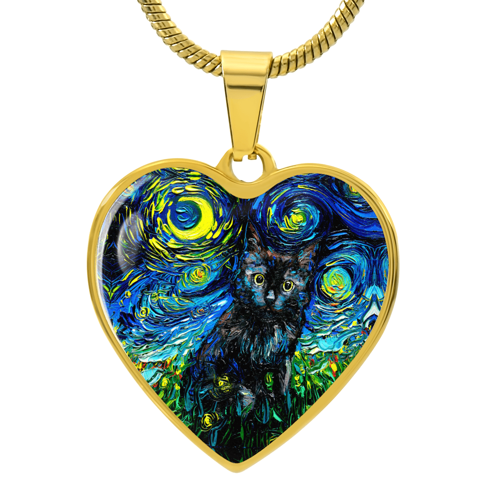 Black Cat Portrait Starry Night Heart Necklace