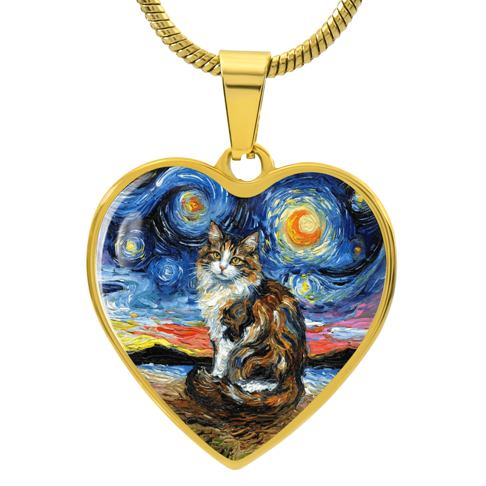Calico Cat 2 Starry Night Heart Necklace