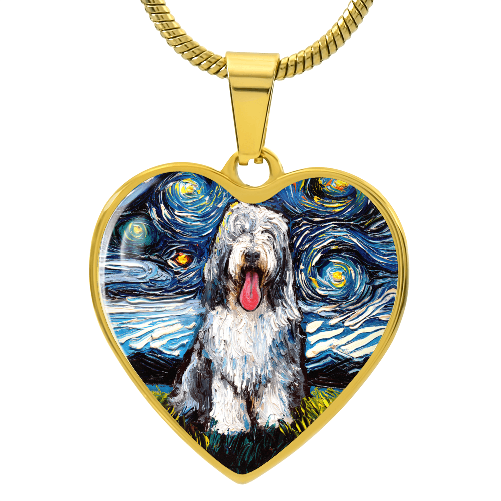 Bearded Collie Starry Night Heart Necklace