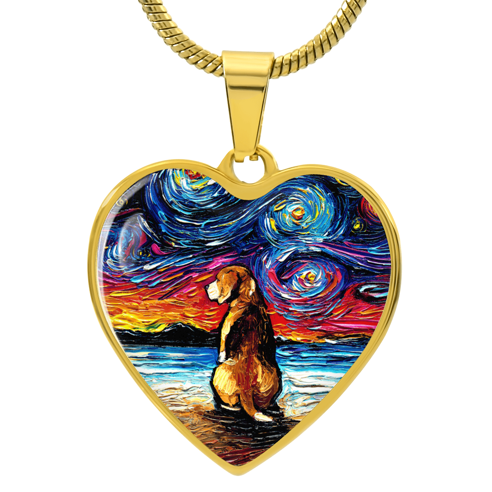 Beagle at the Beach Starry Night Heart Necklace