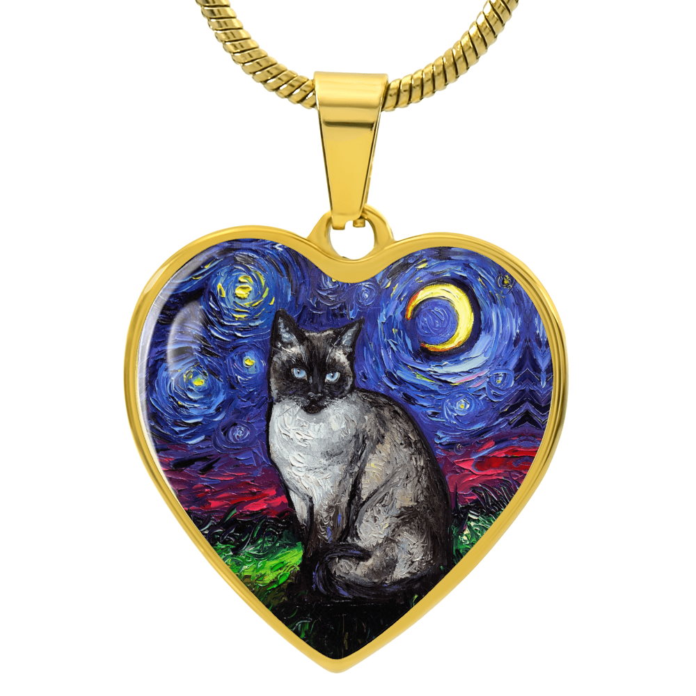 Siamese Cat Starry Night Heart Necklace